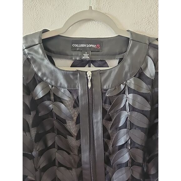 COLLEEN LOPEZ Women's Black Faux Leather Leaf Mesh Jacket SZ Small - Picture 3 of 5